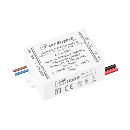 Фото #1 товара Блок питания ARPJ-SP-38160-PFC-TRIAC-MINI (6W, 19-38V, 160mA) (Arlight, IP65 Пластик, 5 лет)