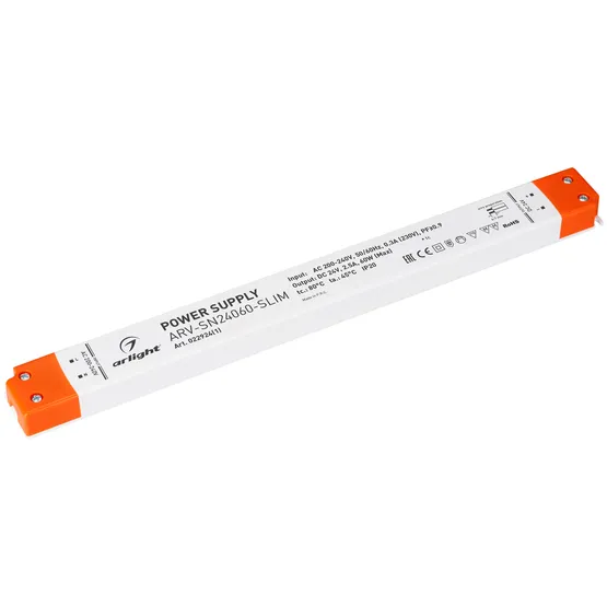 Фото товара Блок питания ARV-SN24060-SLIM (24V, 2.5A, 60W, PFC) (Arlight, IP20 Пластик, 3 года)