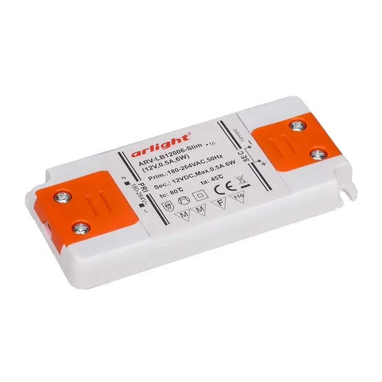 Фото товара Блок питания ARV-LB12006-Slim (12V, 0.5A, 6W) (Arlight, Пластик)