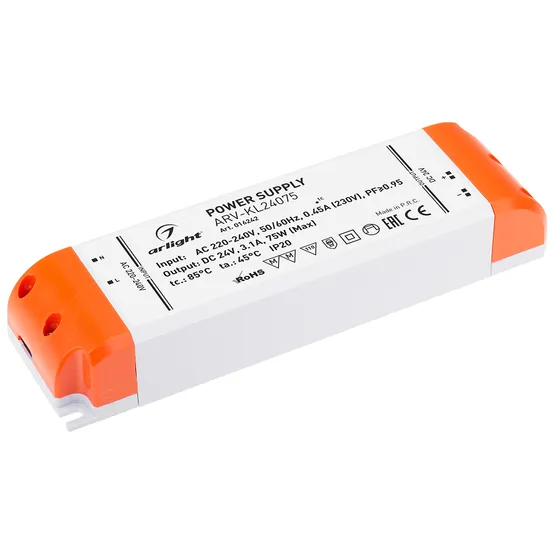 Фото товара Блок питания ARV-KL24075 (24V, 3.1A, 75W, PFC) (Arlight, IP20 Пластик, 2 года)