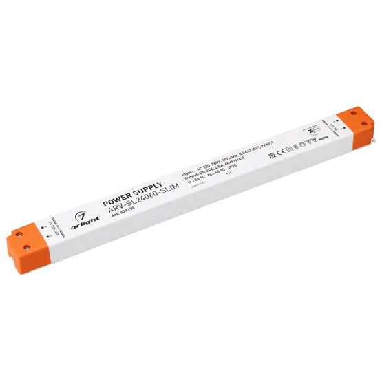 Фото товара Блок питания ARV-SL24060-SLIM (24V, 2.5A, 60W, PFC) (Arlight, IP20 Пластик, 3 года)