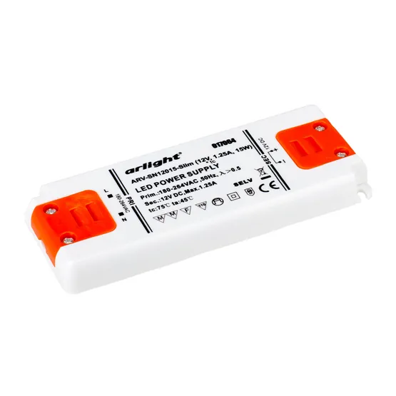 Фото товара Блок питания ARV-SN12015-Slim (12V, 1.25A, 15W) (Arlight, Пластик)